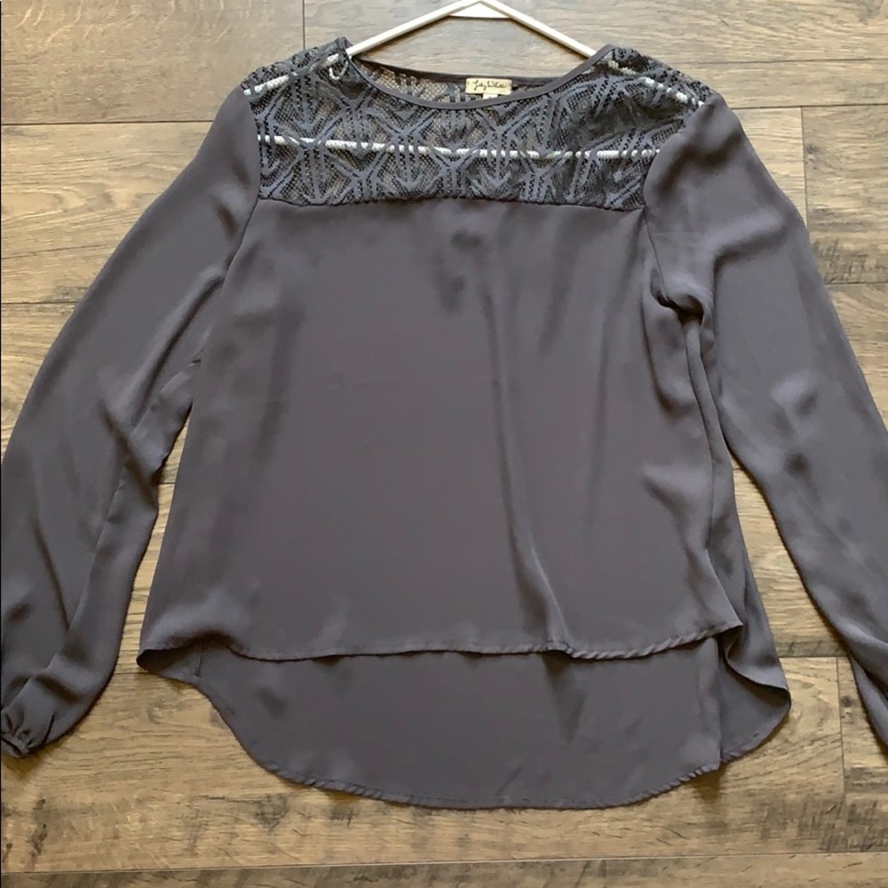 Gray long sleeve blouse with lace detail